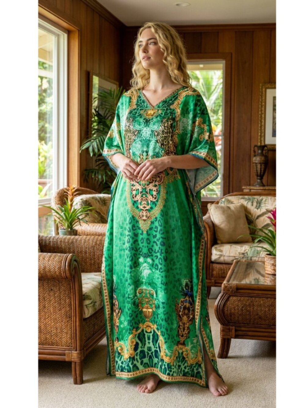 Plus Size Green Leopard Print Satin Silk Kaftan Dress For Woman